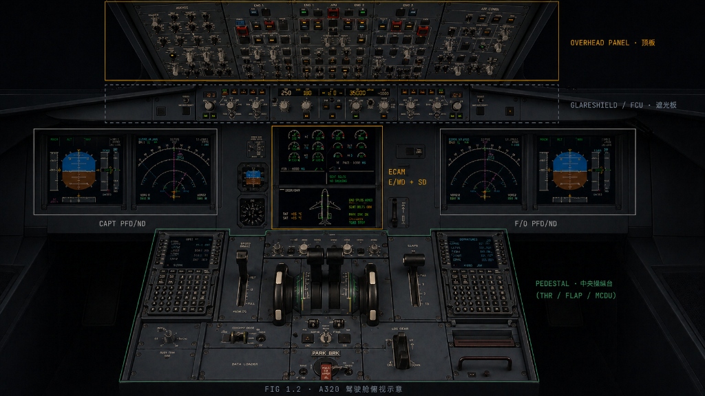 A320 驾驶舱俯视示意